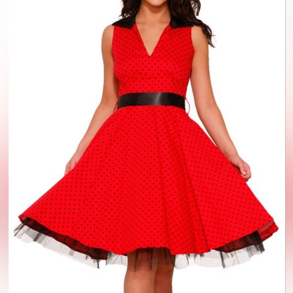 HEARTS & ROSES LONDON | Red & Black Polka Dot A-Line Dress